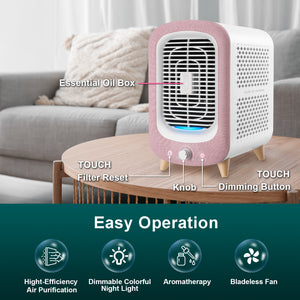 Jafända JF180 Air Purifiers for Home Bedroom, H13 HEPA & Activated Carbon Air Cleaner with Aromatherapy, Nightlight, and Bladeless Fan for Pets, Smokers, Allergies, Dust, Odor, and Pollen (780 sq. ft.) Pink - Jafanda