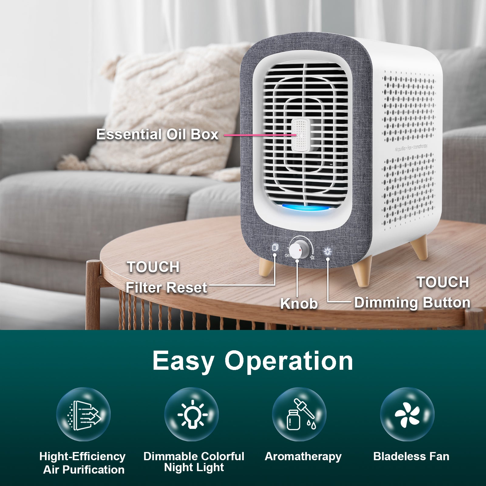 Jafända JF180 Air Purifiers for Home Bedroom, H13 HEPA & Activated Carbon Air Cleaner with Aromatherapy, Nightlight, and Bladeless Fan for Pets, Smokers, Allergies, Dust, Odor, and Pollen (780 sq. ft.) Grey - Jafanda