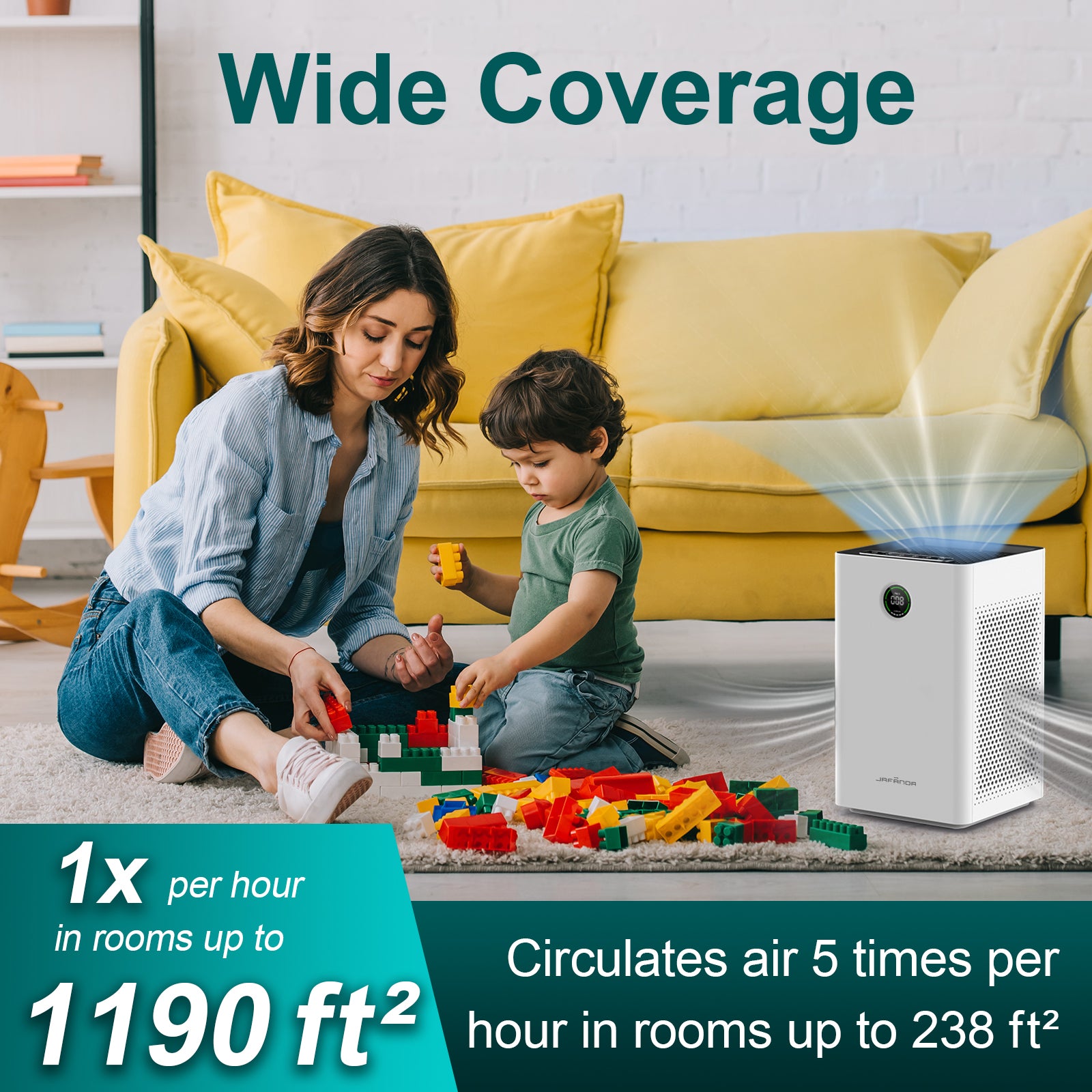 Jafanda Air Purifier for Large Rooms Up to 1190 sq ft, Dual HEPA & Carbon Filters, Air Cleaner Removes Allergens, Dust, Pollen, Smoke, Odors, Pet Dander - PM2.5 Monitor & Night Light - Jafanda