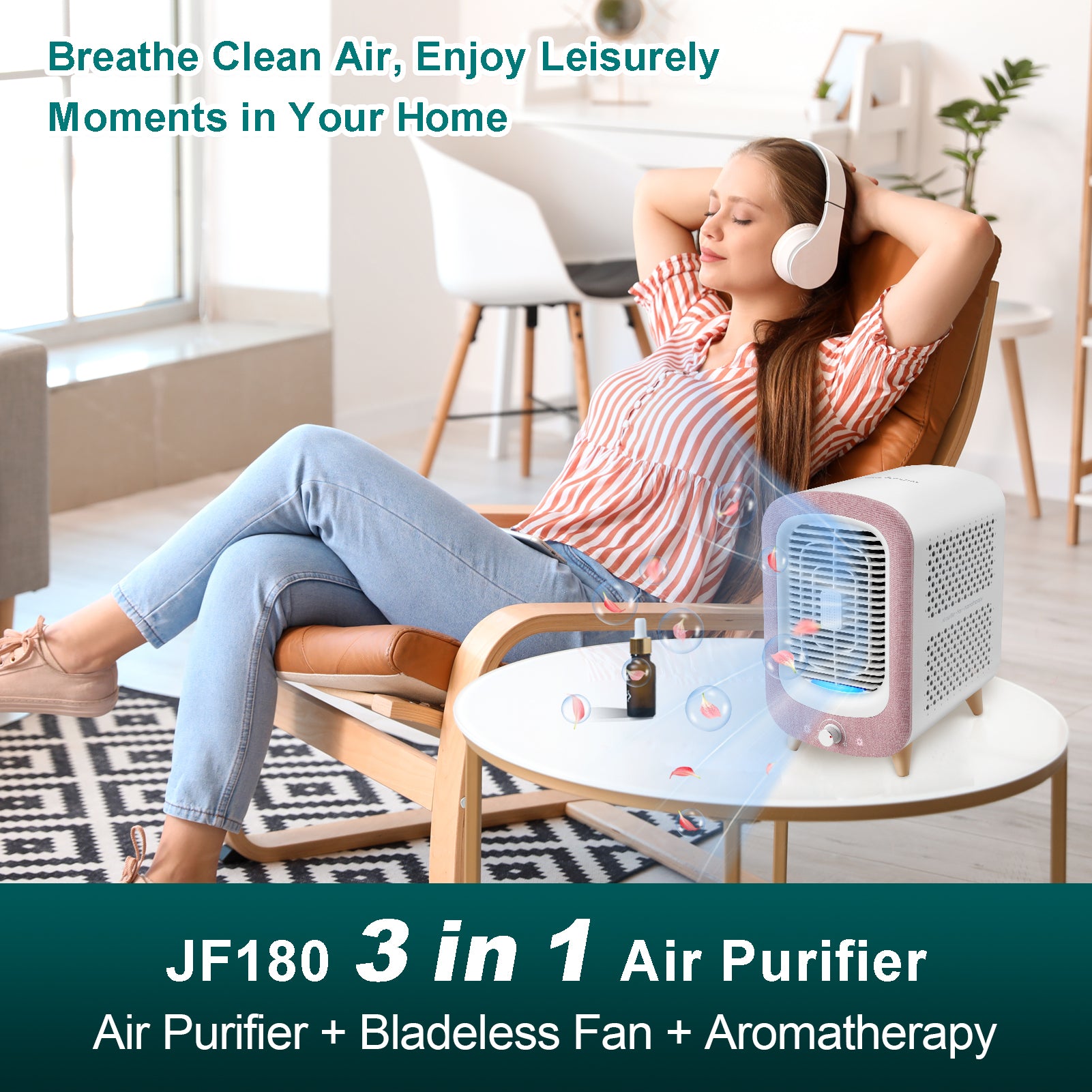 Jafända JF180 Air Purifiers for Home Bedroom, H13 HEPA & Activated Carbon Air Cleaner with Aromatherapy, Nightlight, and Bladeless Fan for Pets, Smokers, Allergies, Dust, Odor, and Pollen (780 sq. ft.) Pink - Jafanda