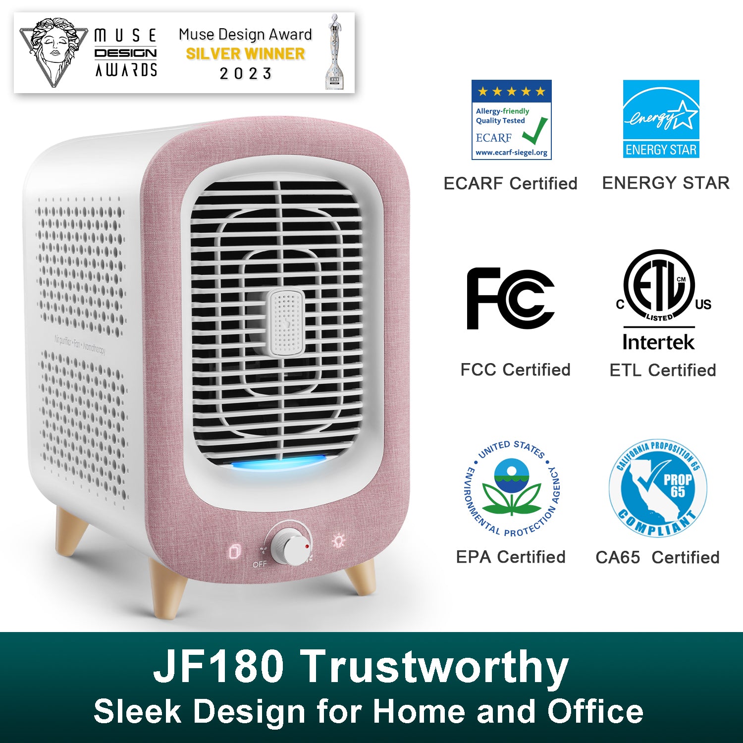 Jafända JF180 Air Purifiers for Home Bedroom, H13 HEPA & Activated Carbon Air Cleaner with Aromatherapy, Nightlight, and Bladeless Fan for Pets, Smokers, Allergies, Dust, Odor, and Pollen (780 sq. ft.) Pink - Jafanda